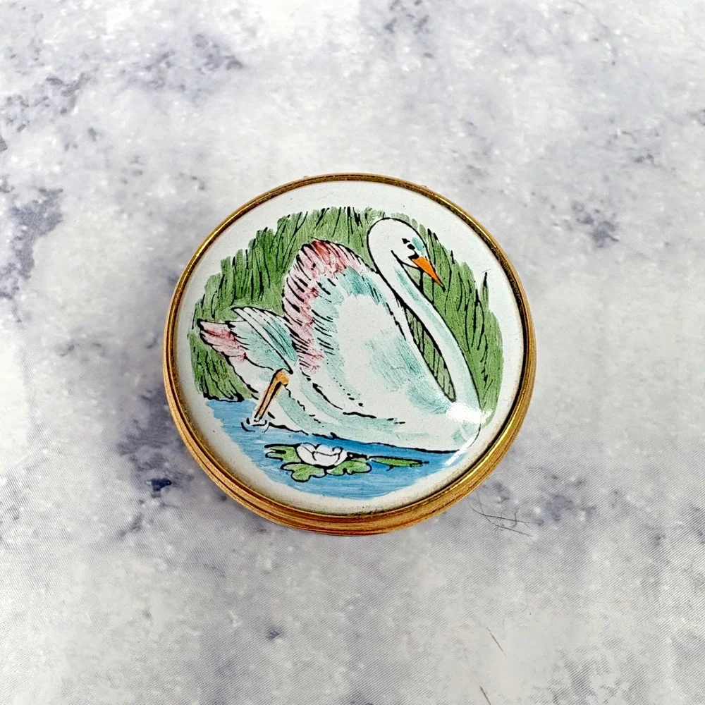 T.K.S. 1801 Enamel Trinket Pill Ring Box Swan Lake Pond White Pink Spring Beauty